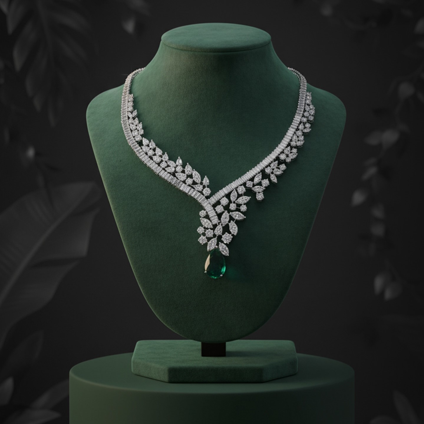 Diamond necklace displayed on a green bust
